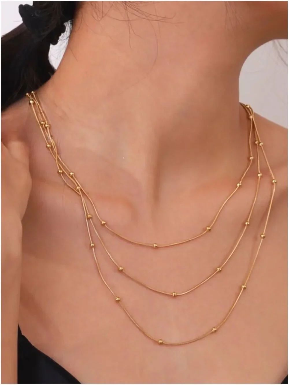 NWT 18K Gold Plated Stainless Steel Layered Beaded Chain Satellite Necklace